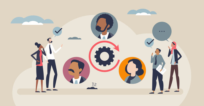 Stakeholder collaboration illustrated as people aligning around a central gear, with avatars and speech bubbles symbolizing dialogue and feedback loops. Tiny style