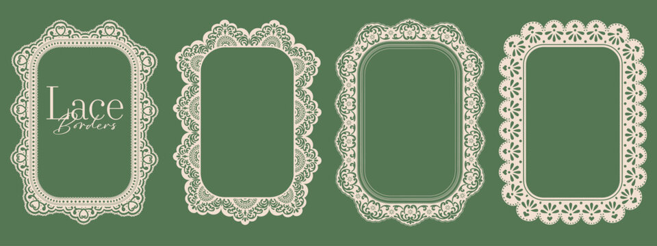 Vintage rectangular scallop lace border frame with ornate doily edge and floral trim. Elegant shapes with crochet pattern.