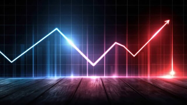 A vibrant neon graph depicts a volatile market trend, with a sharp upward trajectory in red contrasting against a blue downward trend. ..Created with Generative AI, not depicting real subjects.