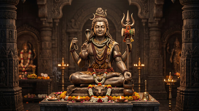 Hindu deity shiva bronze statue in meditative posture within ornate stone temple interior perfect for cultural, religious, or spiritual designs.