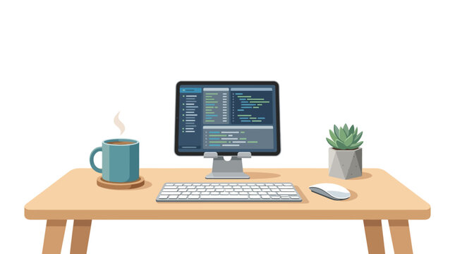 Modern minimalist developer workstation with coding interface on tablet screen and coffee flat vector illustration.