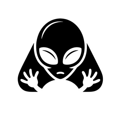 A black and white illustration of an alien peeking from behind a surface with its hands raised.an alien peeking from behind a surface with its hands raised. 