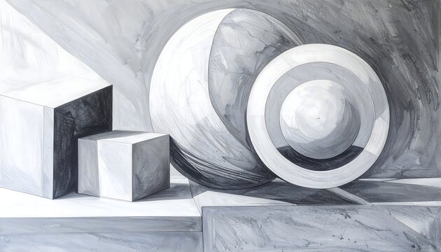 Composici&oacute;n abstracta en gris con cubos, esfera y c&iacute;rculos conc&eacute;ntricos