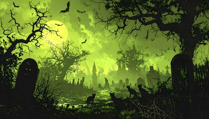 Obraz premium Cementerio de Halloween con cielo verde, lápidas y árboles retorcidos