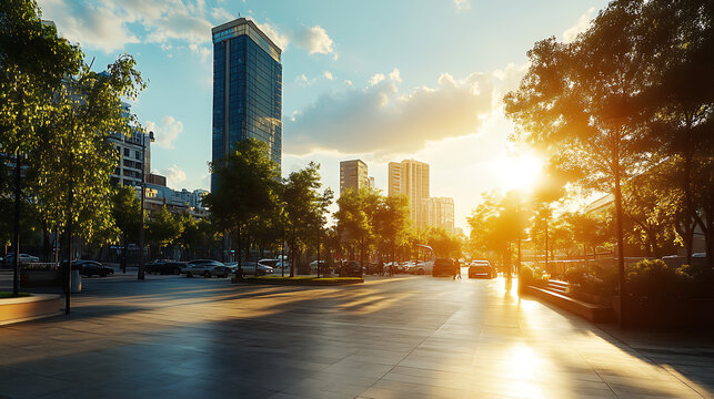 Modern Cityscape & Urban Skyline Images for Adobe Stock: High-Resolution Sunset and Sunrise Scenes, Skyscrapers, Glass Buildings, Wet Road Reflections and Business District Landscapes