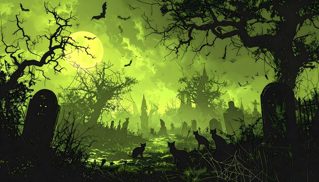 Cementerio de Halloween con cielo verde, l&aacute;pidas y &aacute;rboles retorcidos