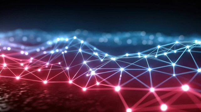 A dynamic network of glowing nodes and intersecting lines creates a futuristic abstract background. ..Created with Generative AI, not depicting real subjects.