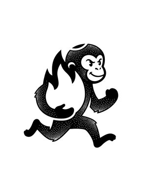 Cartoon Monkey Running with Fire Torch Illustration, Vintage Stippled Animal Character Mascot Vector Graphic