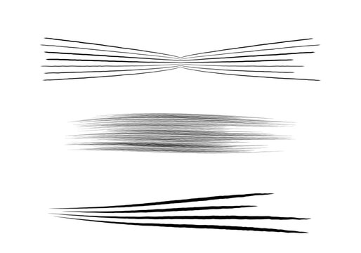 Three vector brush stroke designs with waisted open rake, even feather sweep, ascending split tip textures