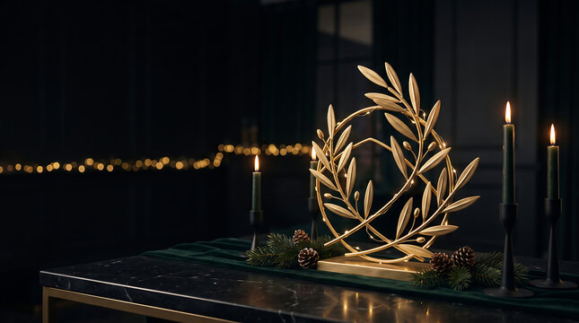Luxurious gold olive branch sculpture on a dark table surrounded by pine cones and flickering green taper candles. Suitable for holidaythemed designs.