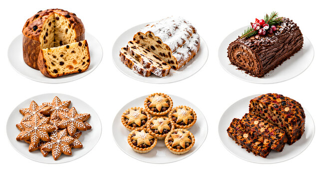 Traditional European christmas bakery set with panettone stollen yule log mince pies and fruitcake isolated on white background
