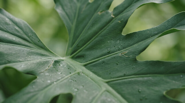Tropical designs, backgrounds, or naturethemed projects needing vibrant green textures and dewy details from monstera leaves.