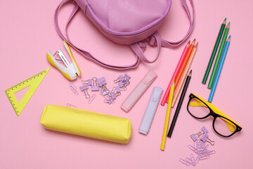 School stationery and accessories for elementary school on a pink background. Back to school concept. © splitov27