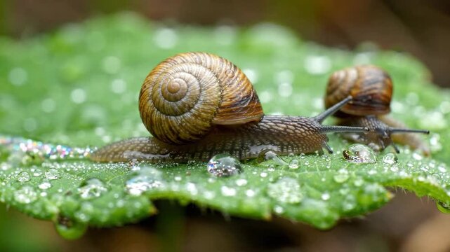Close-up of a snail with a spiral shell crawling on a wet green leaf covered in dew drops