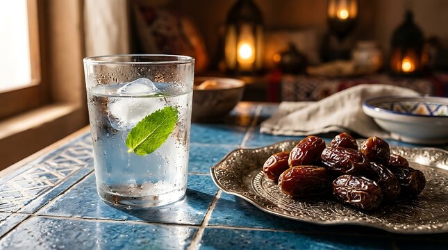 Ramadan iftar table with water glass and dates on a silver plate