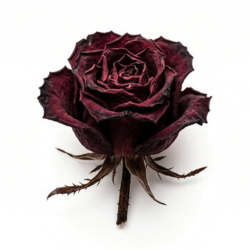 Dried rose petals curl inward, dark burgundy hue