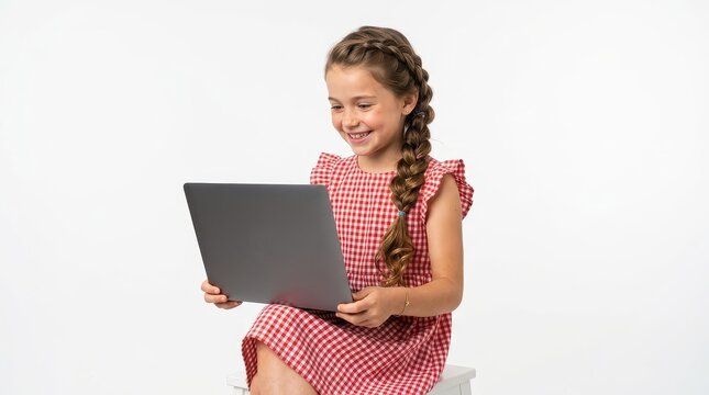 Happy Young Girl in Red Gingham Dress Using Laptop Computer for Online Learning and Entertainment on White Background