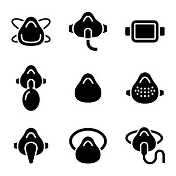 Set of medical oxygen mask and breathing apparatus icons for healthcare and emergency services