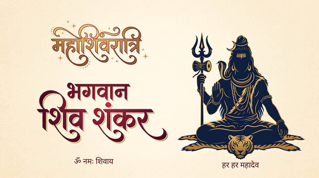 Maha shivaratri poster showcasing lord shiva with trident on a tiger skin backdrop. Ideal for hindu festival promotions and cultural events.
