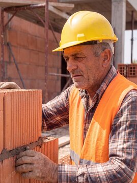 professional worker using masonry trowel and cement mortar during construction