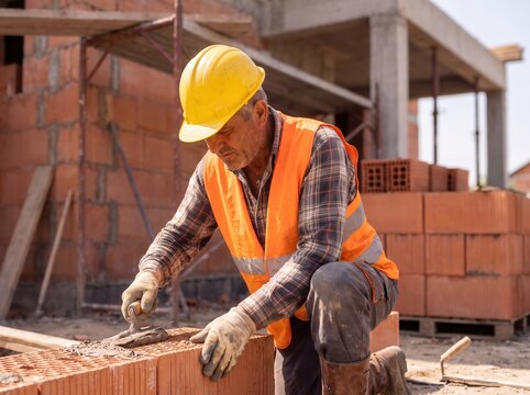 Professional construction worker laying clay bricks with masonry trowel, close up of hands applying cement mortar during residential house construction