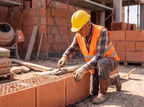 Professional construction worker laying clay bricks with masonry trowel, close up of hands applying cement mortar during residential house construction