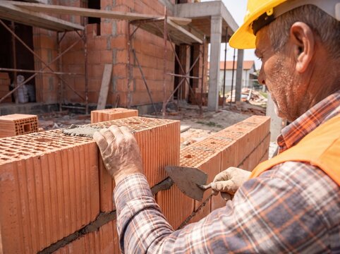 Professional construction worker laying clay bricks with masonry trowel, close up of hands applying cement mortar during residential house construction