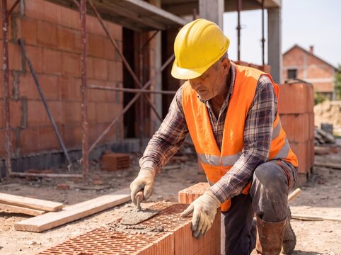 Professional construction worker laying clay bricks with masonry trowel, close up of hands applying cement mortar during residential house construction