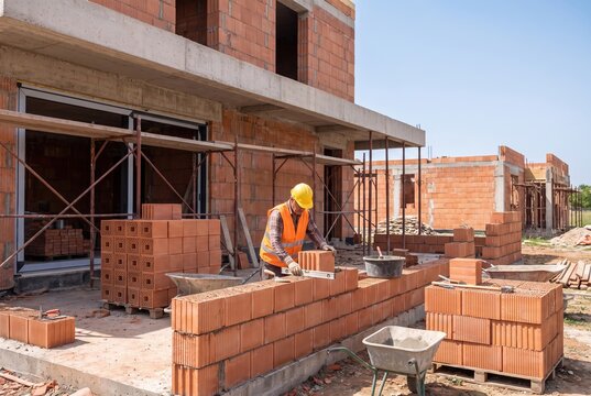 Professional construction worker laying clay bricks with masonry trowel, close up of hands applying cement mortar during residential house construction