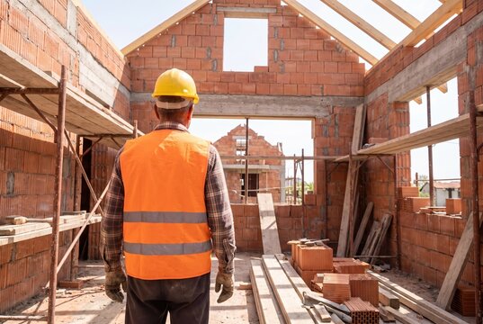 Close up of professional bricklayer installing ceramic bricks on construction site, skilled worker using trowel with cement mortar for building exterior brick walls