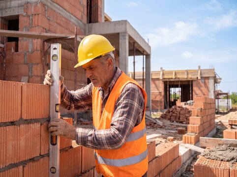 Close up of professional bricklayer installing ceramic bricks on construction site, skilled worker using trowel with cement mortar for building exterior brick walls