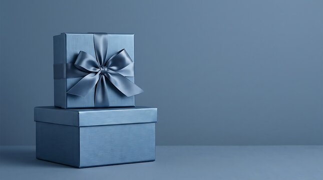 Blue gift boxes with ribbon bow on a matching background with copy space