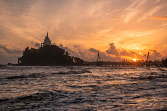 Beautiful Sunset Over Island Buddhist Temple in Matara