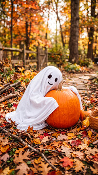 friendly ghost hugging halloween pumpkin in autumn forest with colorful fall leaves