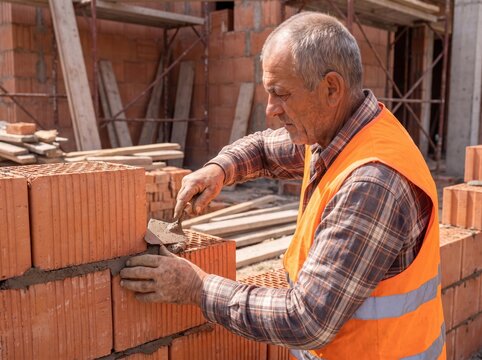Close up of professional bricklayer installing ceramic bricks on construction site, skilled worker using trowel with cement mortar for building exterior brick walls