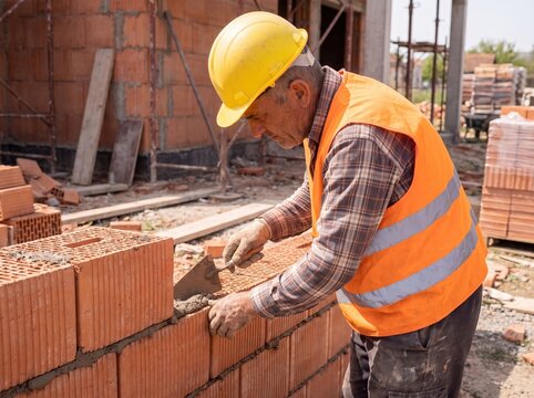 Close up of professional bricklayer installing ceramic bricks on construction site, skilled worker using trowel with cement mortar for building exterior brick walls