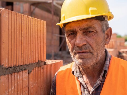 Close up of professional bricklayer installing ceramic bricks on construction site, skilled worker using trowel with cement mortar for building exterior brick walls