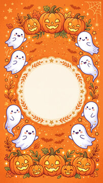 Vertical Happy Halloween Background with Smiling Ghosts and Jack O Lantern Pumpkins and Decorative Frame with Copy Space