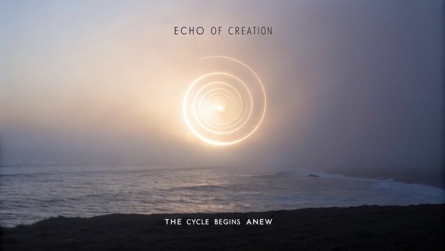 Luminous Spiral of Creation Over Misty Horizon
