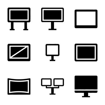 Collection of minimalist black and white screen and monitor icons for digital interface design and technology presentations