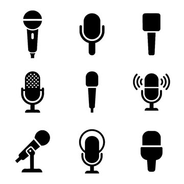 Set of nine black microphone icons representing various audio recording and podcasting equipment for digital interface design