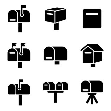 Minimalist black mailbox icon set featuring various postal box styles for communication and delivery design projects