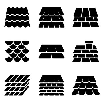 Collection of black roof shingle icons showing various tile patterns and building materials for construction design