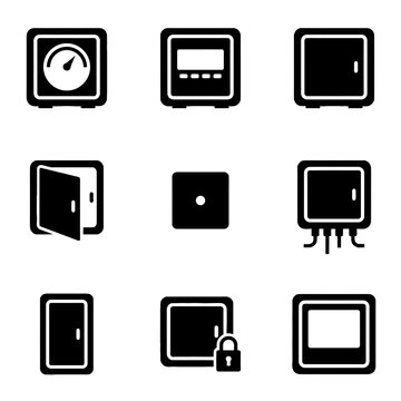 Set of black electrical control box and security safe icons representing industrial utility and protection systems