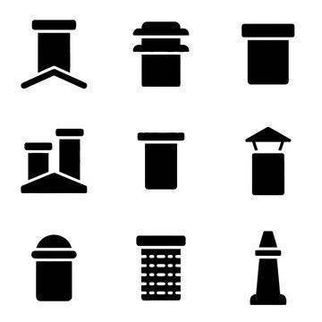 Set of black chimney and roof vent silhouette icons for architectural planning and home construction projects