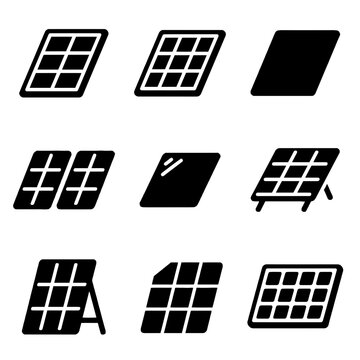 Minimalist black solar panel icon set representing renewable energy and sustainable power solutions for green technology projects