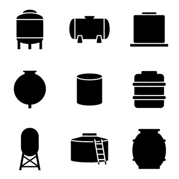 Collection of black industrial tank and silo icons representing various storage solutions for manufacturing and utility sectors