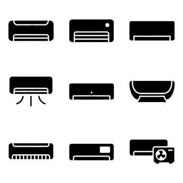 Collection of black air conditioner icons representing various indoor and outdoor split system units for climate control
