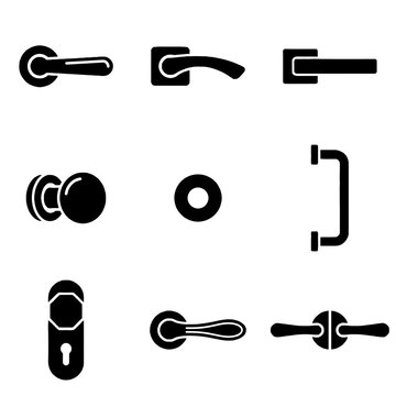 Collection of minimalist black door handle icons and hardware silhouettes for interior design and architectural planning