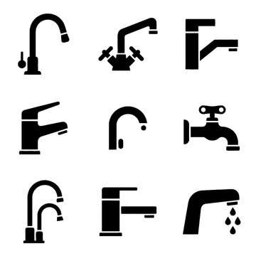 Collection of black water faucet icons showing various plumbing tap designs for kitchen and bathroom use